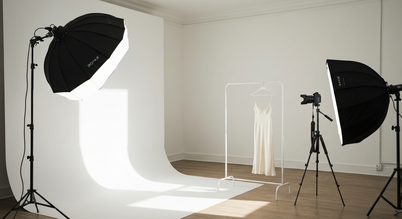 Woman in silk slip dress, photographed from behind against bright white studio wall, natural window light