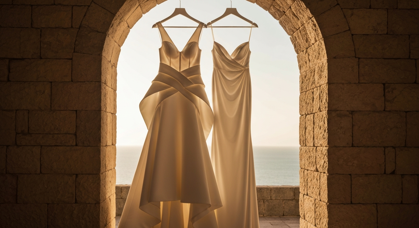 Two hanging bridal gowns, one structured and one draped, warm Mediterranean morning light, stone floor, no faces