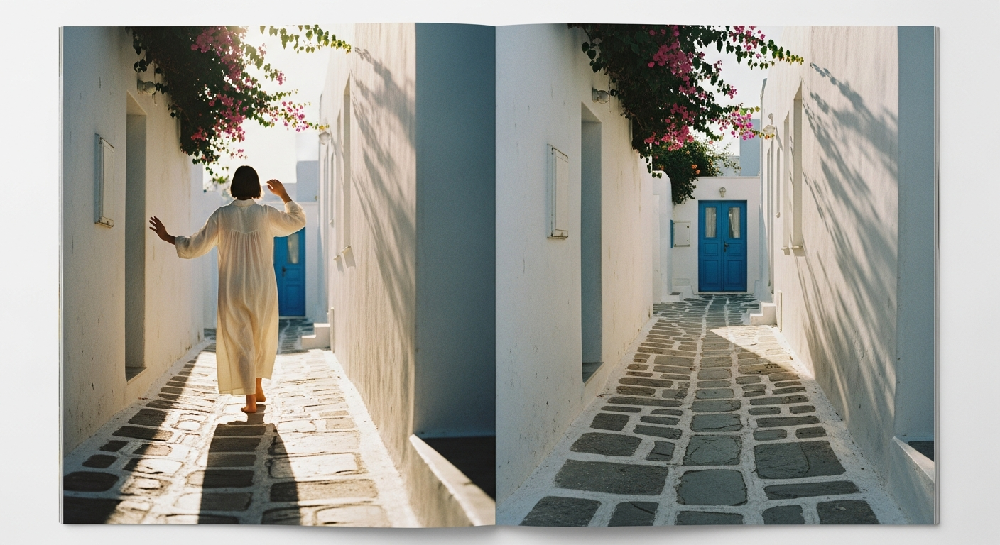 Woman in ivory linen dress on a whitewashed terrace overlooking blue Mediterranean water, afternoon light