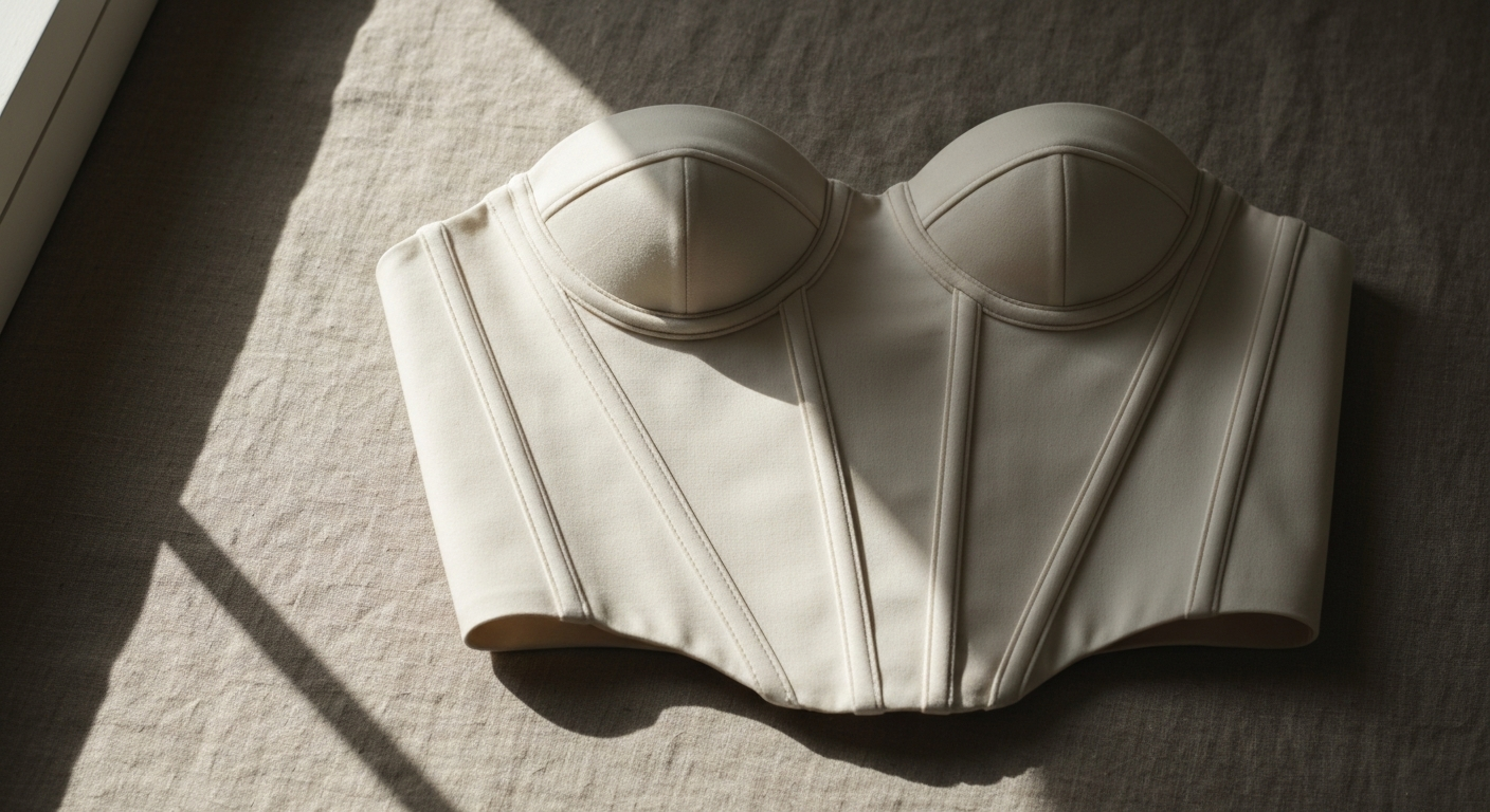 Close-up of corset boning detail in ivory fabric, soft natural light, editorial still life