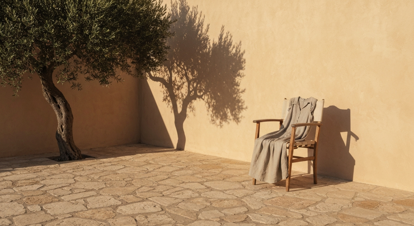 Warm afternoon light on a woman's silhouette in an open-side dress, side architecture visible against a linen backdrop