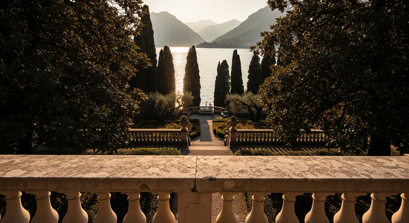 Late afternoon light on the terraced gardens of a Lake Como villa, stone balustrades and cypress trees against still water