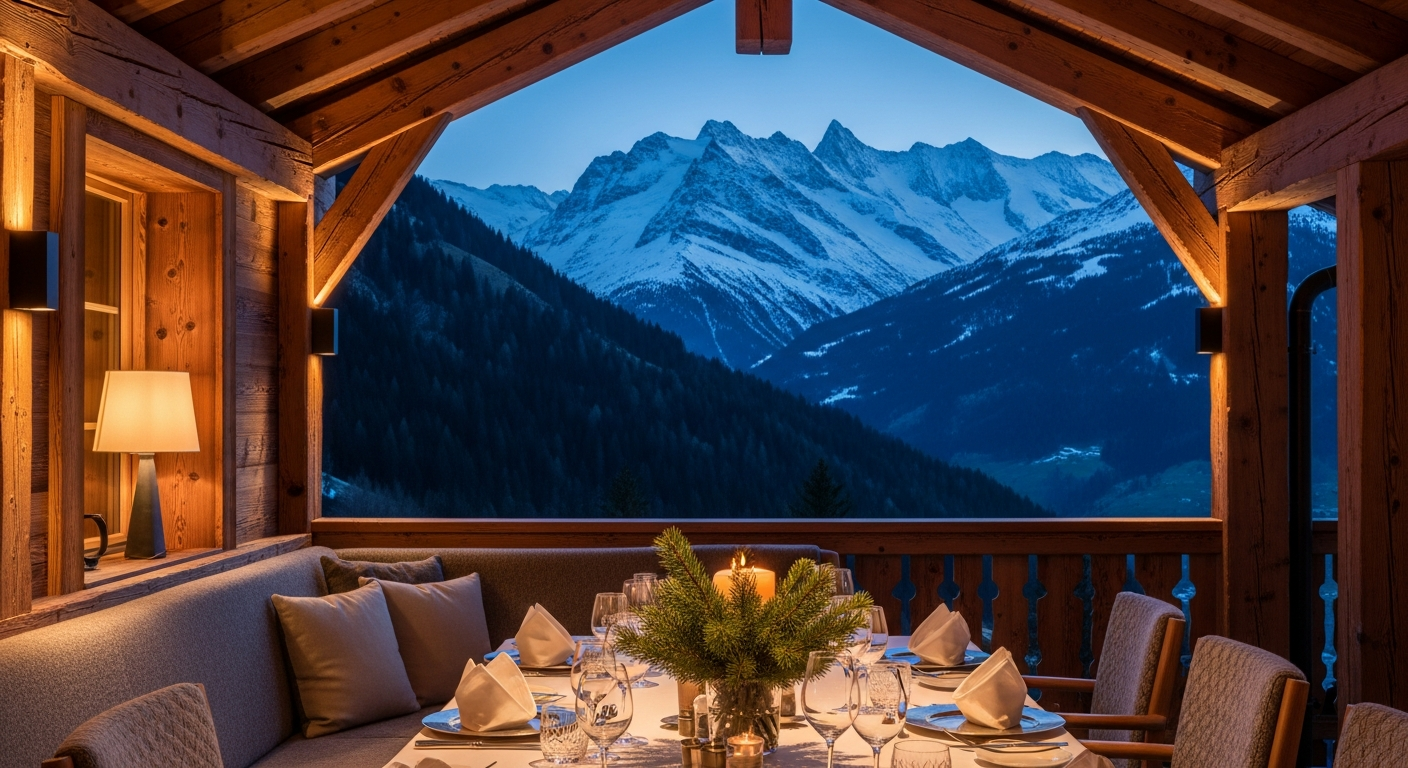 Golden late-afternoon light on a Swiss Alpine chalet terrace, warm timber and snow peaks in the distance