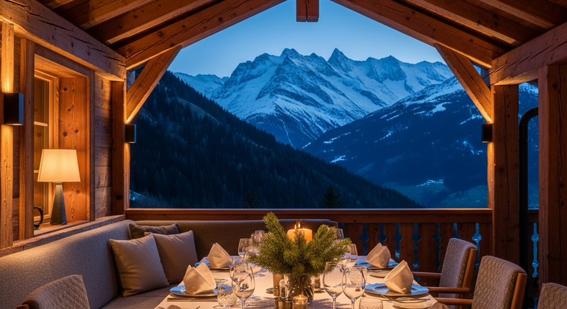 Golden late-afternoon light on a Swiss Alpine chalet terrace, warm timber and snow peaks in the distance