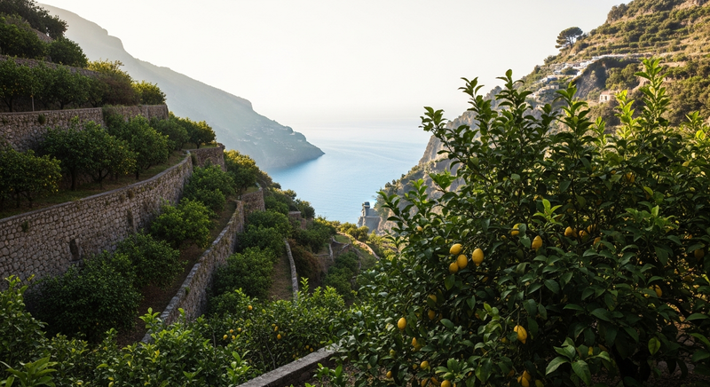 Lemon grove on the Amalfi Coast, terraced hillside with sfusato trees, blue sea visible below through foliage