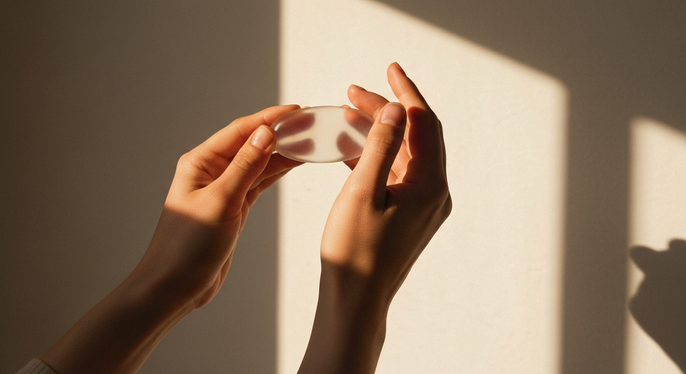 Hands holding a small translucent silicone product against warm afternoon window light, clean minimal background