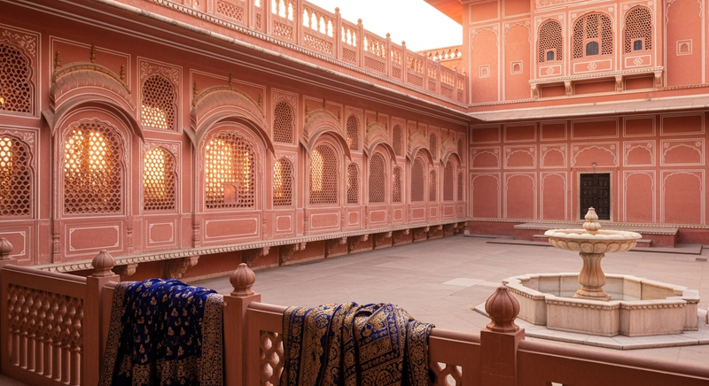 Jaipur haveli courtyard at dawn with pink sandstone latticed windows