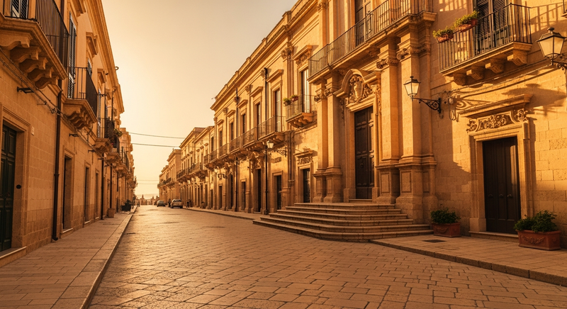 Noto Sicily baroque cathedral facade in golden afternoon light, warm limestone stone