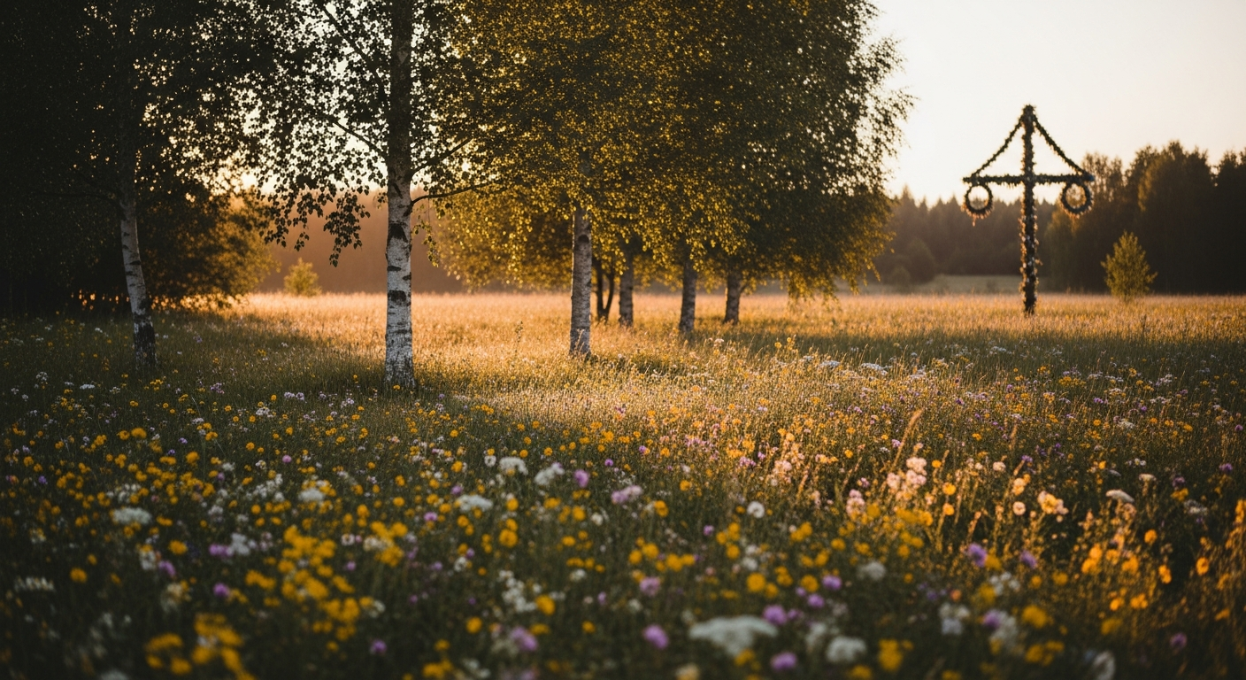 Swedish midsummer meadow at dusk, wildflowers and birch trees lit by pale gold midnight light
