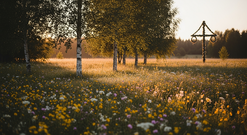 Swedish midsummer meadow at dusk, wildflowers and birch trees lit by pale gold midnight light