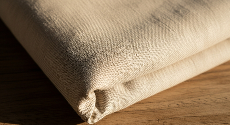 Soft natural fabric draped over a wooden surface in warm afternoon light, pale linen texture close-up
