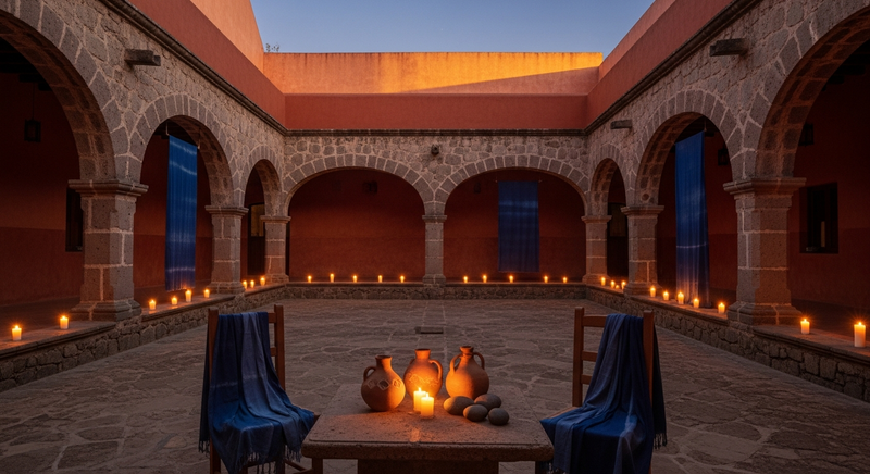 Oaxaca colonial courtyard at dusk with candlelit stone arches and indigo textiles