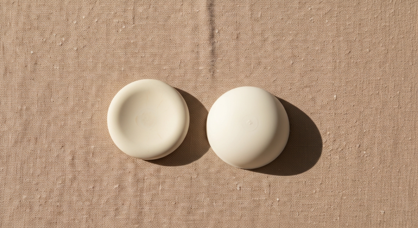 Flatlay of neutral linen fabric with small smooth silicone disc in soft morning light, minimal editorial