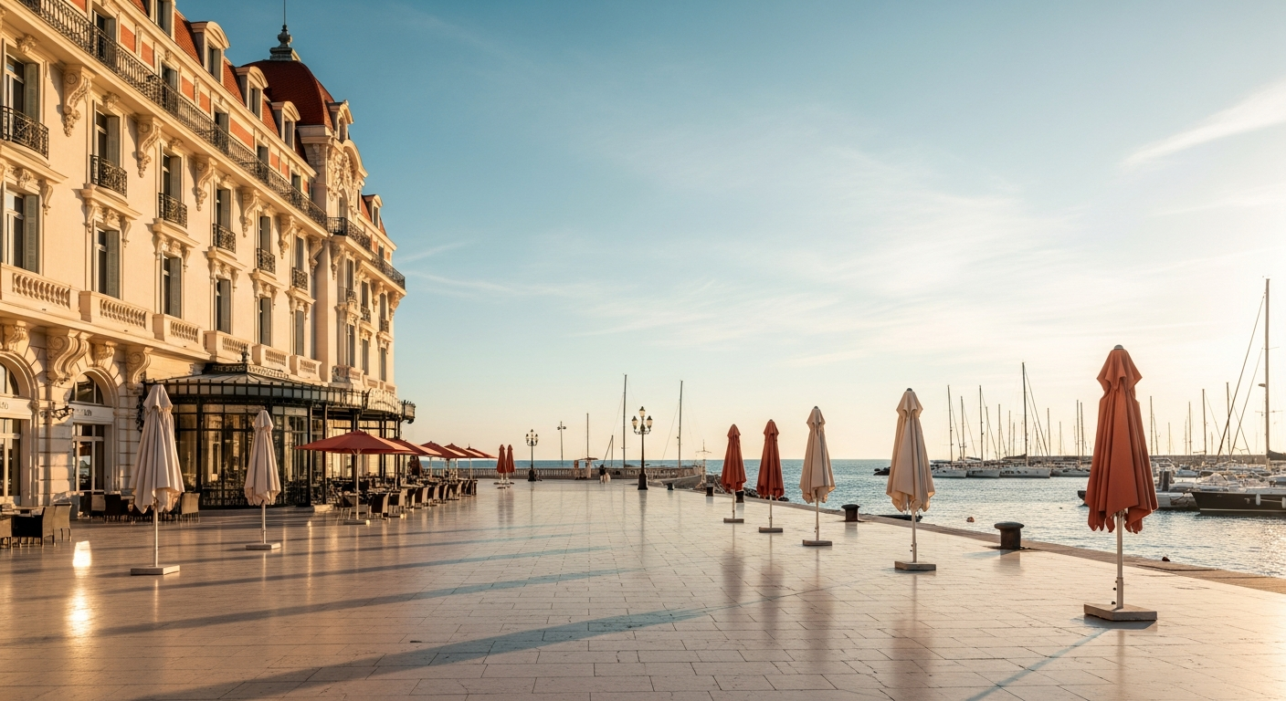 Mediterranean morning light on a harbour promenade, elegant waterfront architecture, soft golden reflections on still water