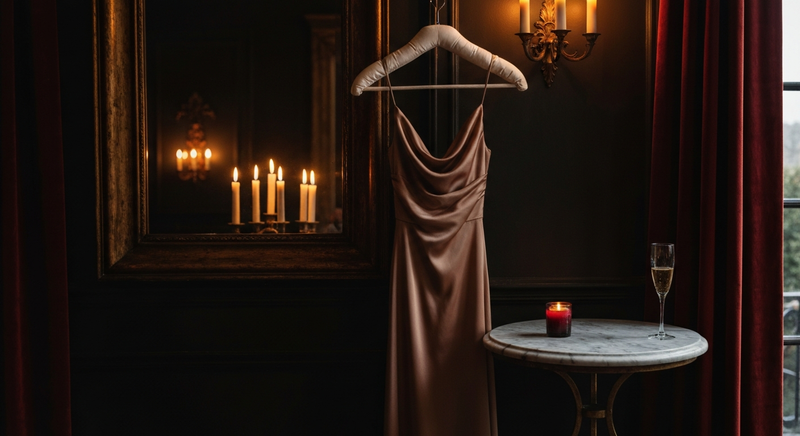 Evening silk dress on a hanger by candlelight, warm December interior, dark walls, soft shadow