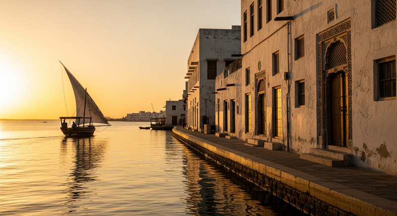 Lamu waterfront at golden hour with traditional dhow and coral stone buildings