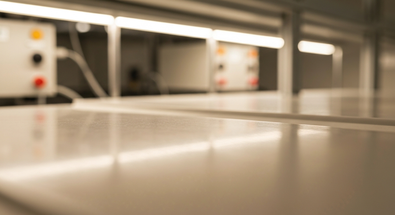 Clean precision manufacturing environment, close detail of sterile surfaces and technical equipment, warm neutral light