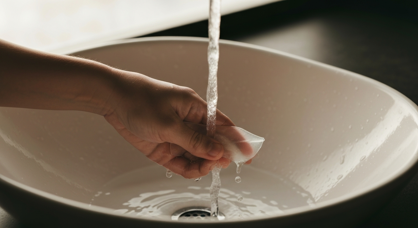 A single clean silicone form resting on warm stone surface, morning light, minimal composition, no packaging