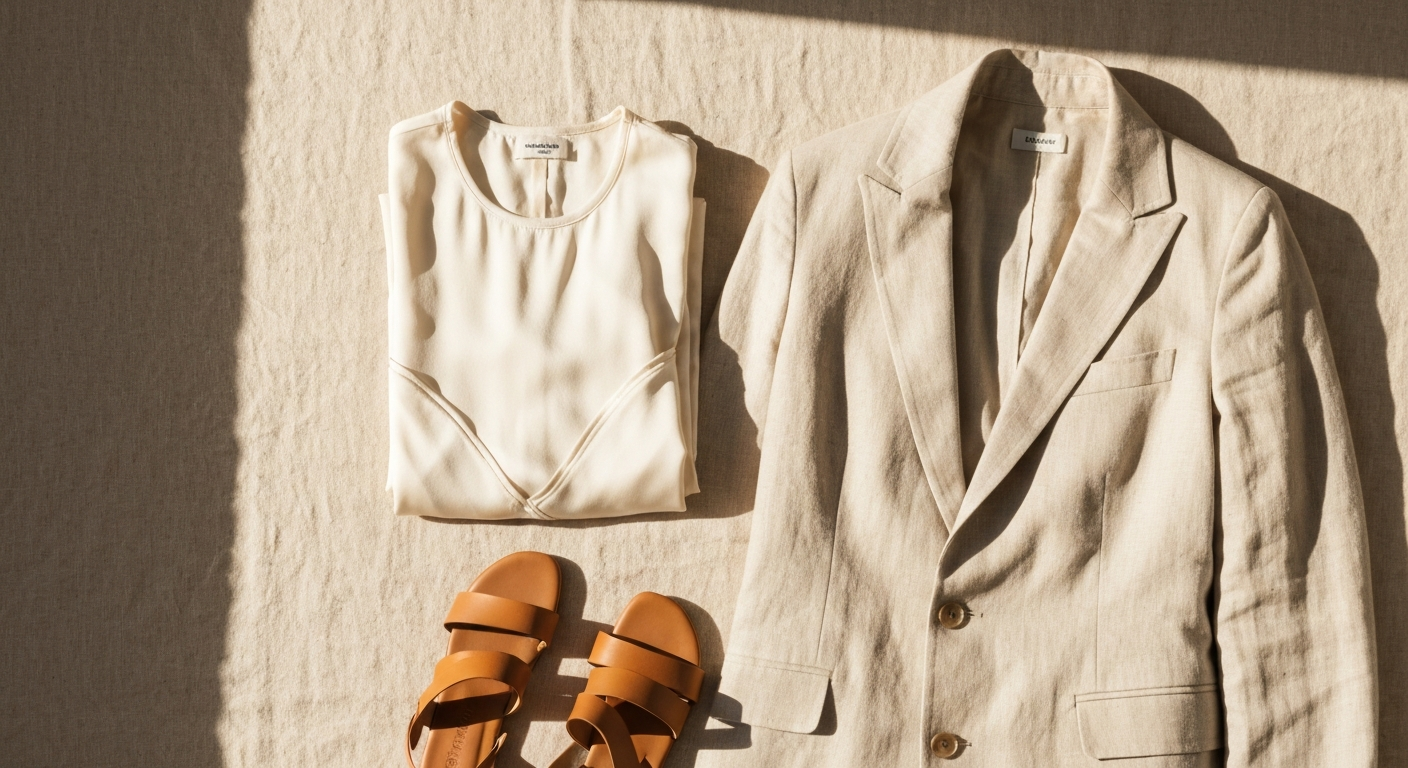Flat lay of a minimal travel wardrobe on warm linen, silk dress folded, sandals, soft light