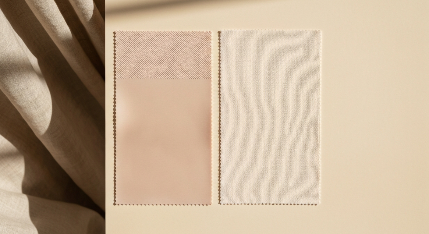 Close-up of cream linen fabric texture in soft natural light, editorial fashion photography, warm neutral tones