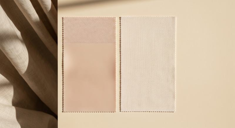 Close-up of cream linen fabric texture in soft natural light, editorial fashion photography, warm neutral tones