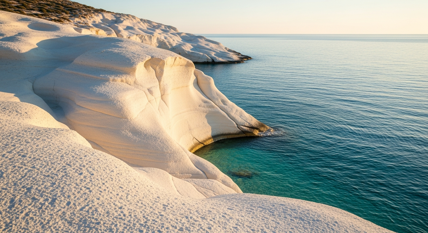 White volcanic rock formations above deep blue Aegean water, Milos, morning light
