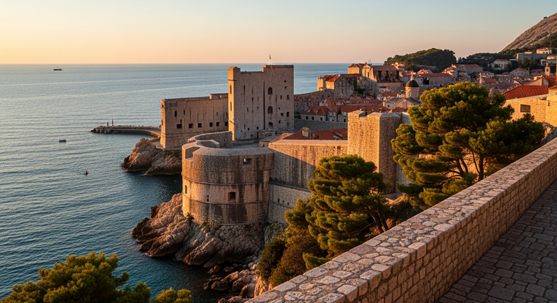 Dubrovnik old city walls at dusk, warm limestone light, Adriatic sea below in deep blue