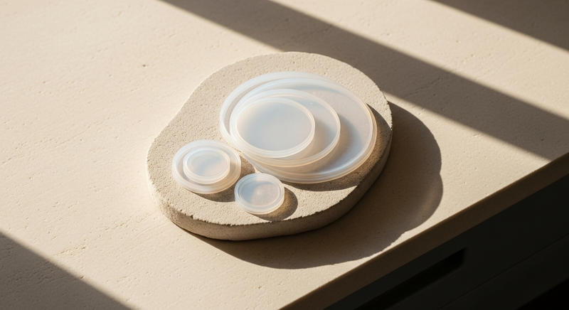 Close detail of translucent silicone material samples on pale stone surface in warm natural light