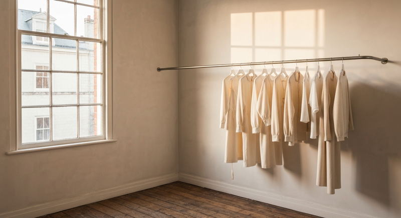 Clean dressing room with neutral garments on a rail, warm light through a window, simple and professional atmosphere