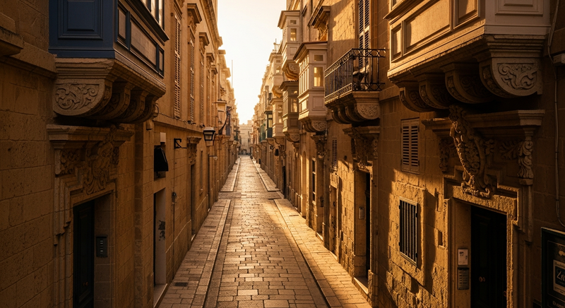 Warm honey-gold limestone buildings along a Valletta street, late afternoon light