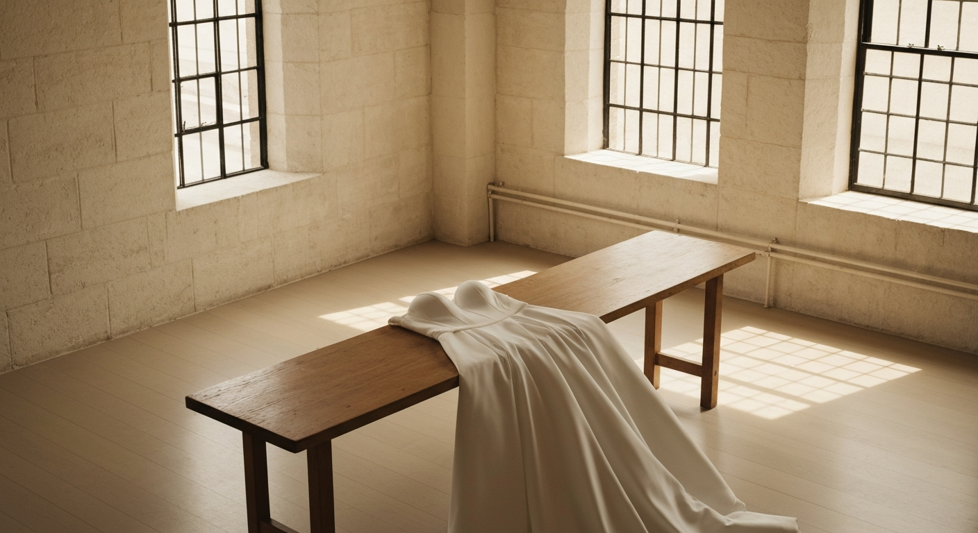 Pale morning light through tall studio windows, a white dress laid flat on a wooden fitting table, fabric casting soft shadows