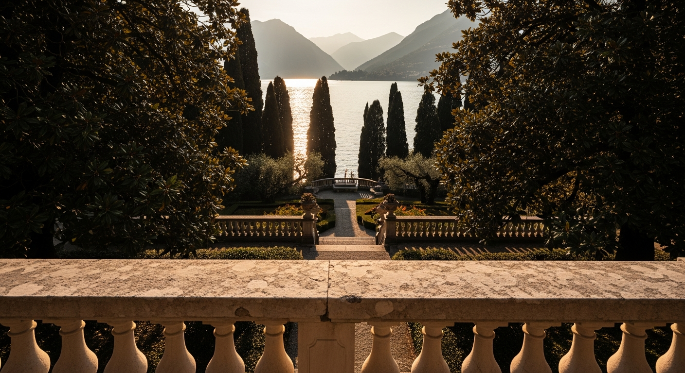 Late afternoon light on the terraced gardens of a Lake Como villa, stone balustrades and cypress trees against still water