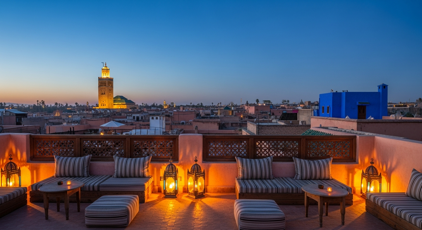 Marrakech medina rooftop at dusk, terracotta walls, warm lamplight, the minaret of the Koutoubia in the distance