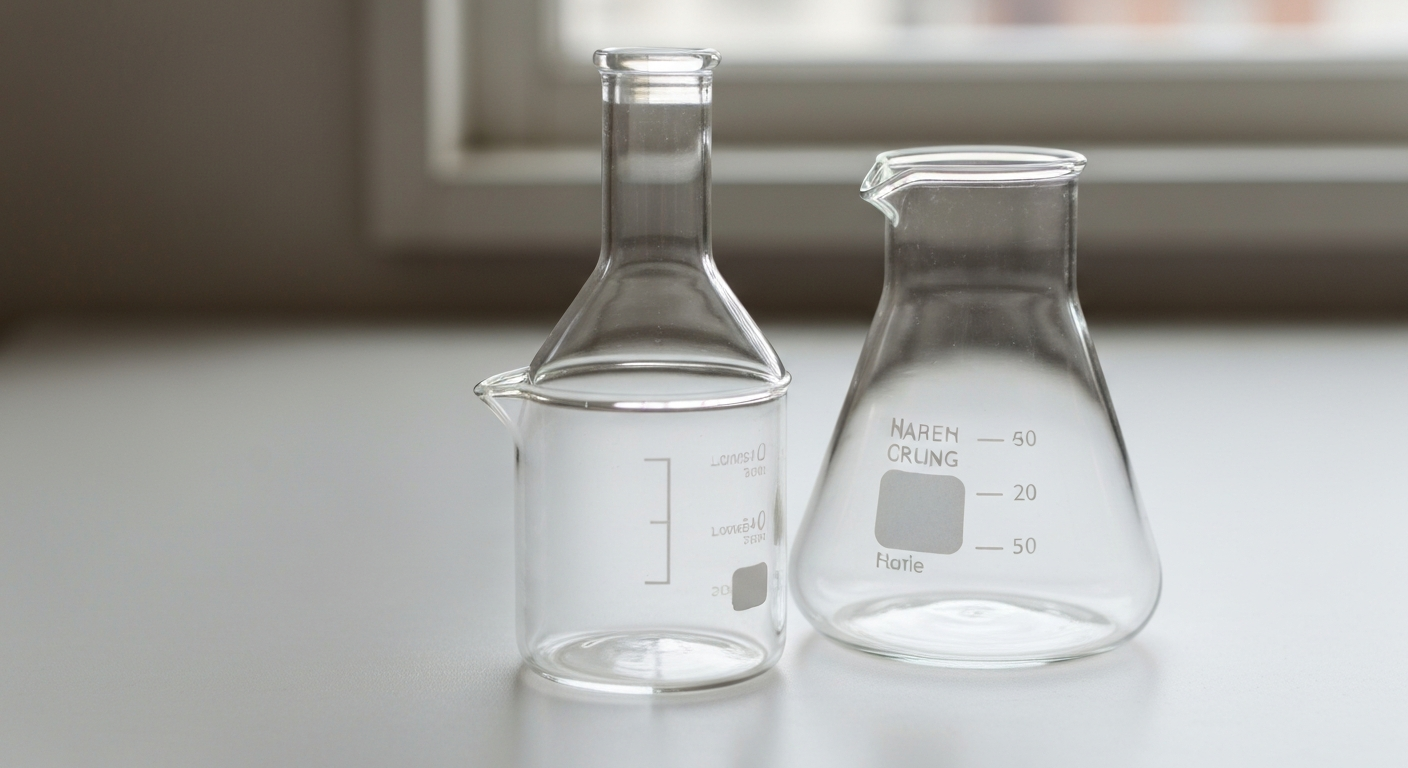 Clean laboratory glass vessel in soft diffused natural light, warm neutral minimalist editorial photography