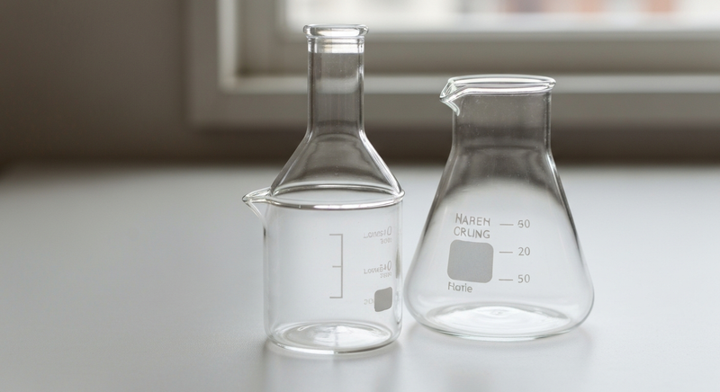 Clean laboratory glass vessel in soft diffused natural light, warm neutral minimalist editorial photography