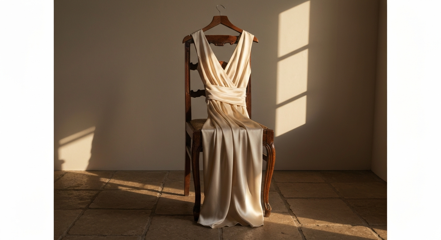 Champagne silk dress draped over a chair in late afternoon light, warm tones, stone floor, no people