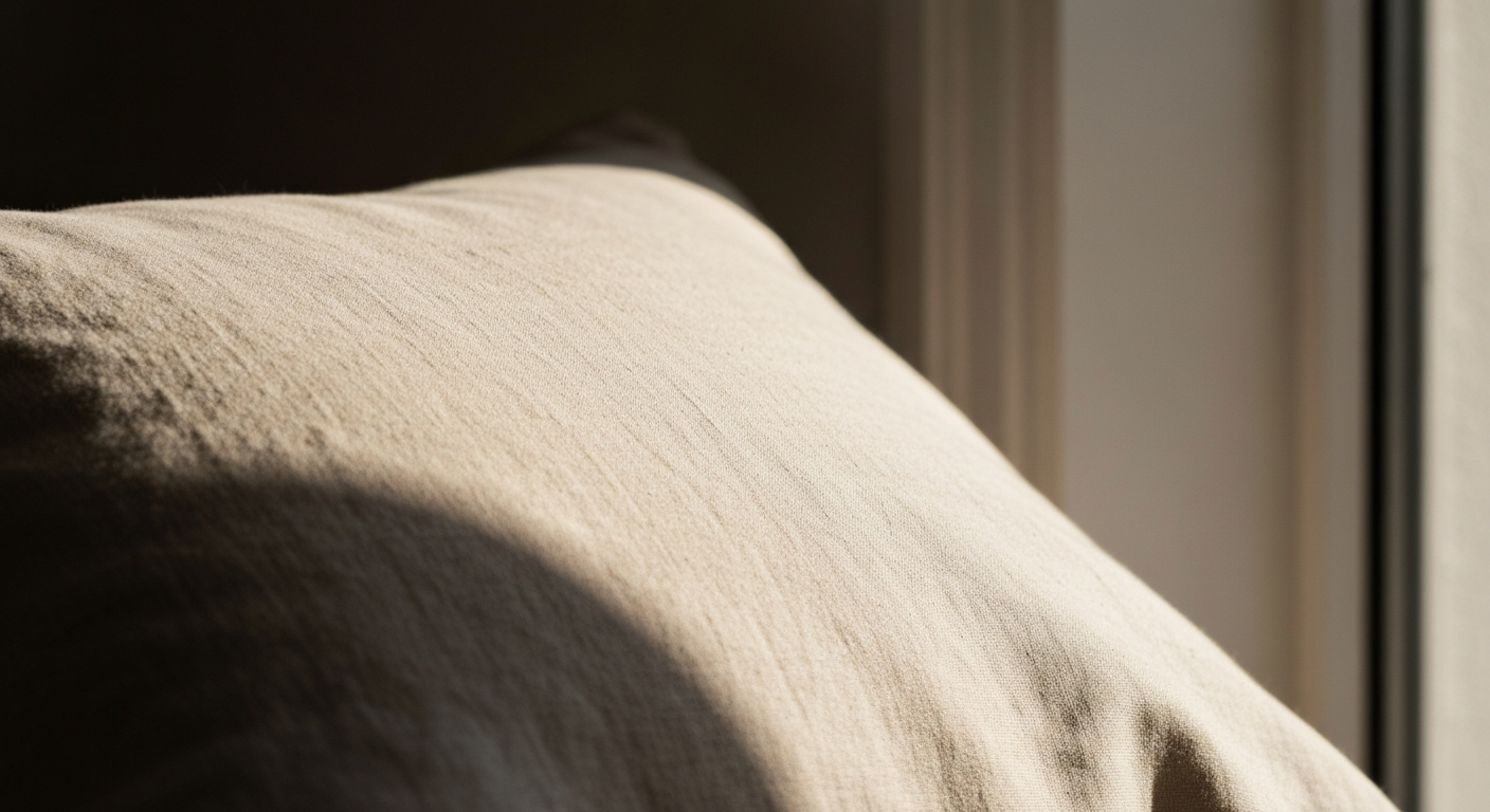 Pale morning light on bare linen pillowcase texture, warm neutral tones, editorial minimalist photography