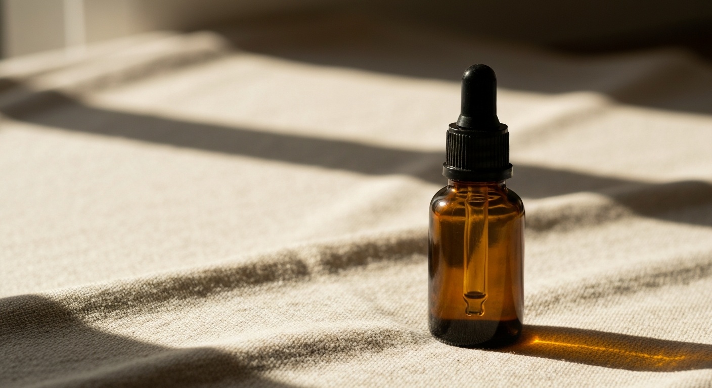 Small amber glass bottle with dropper on linen surface in warm morning light, editorial minimal still life