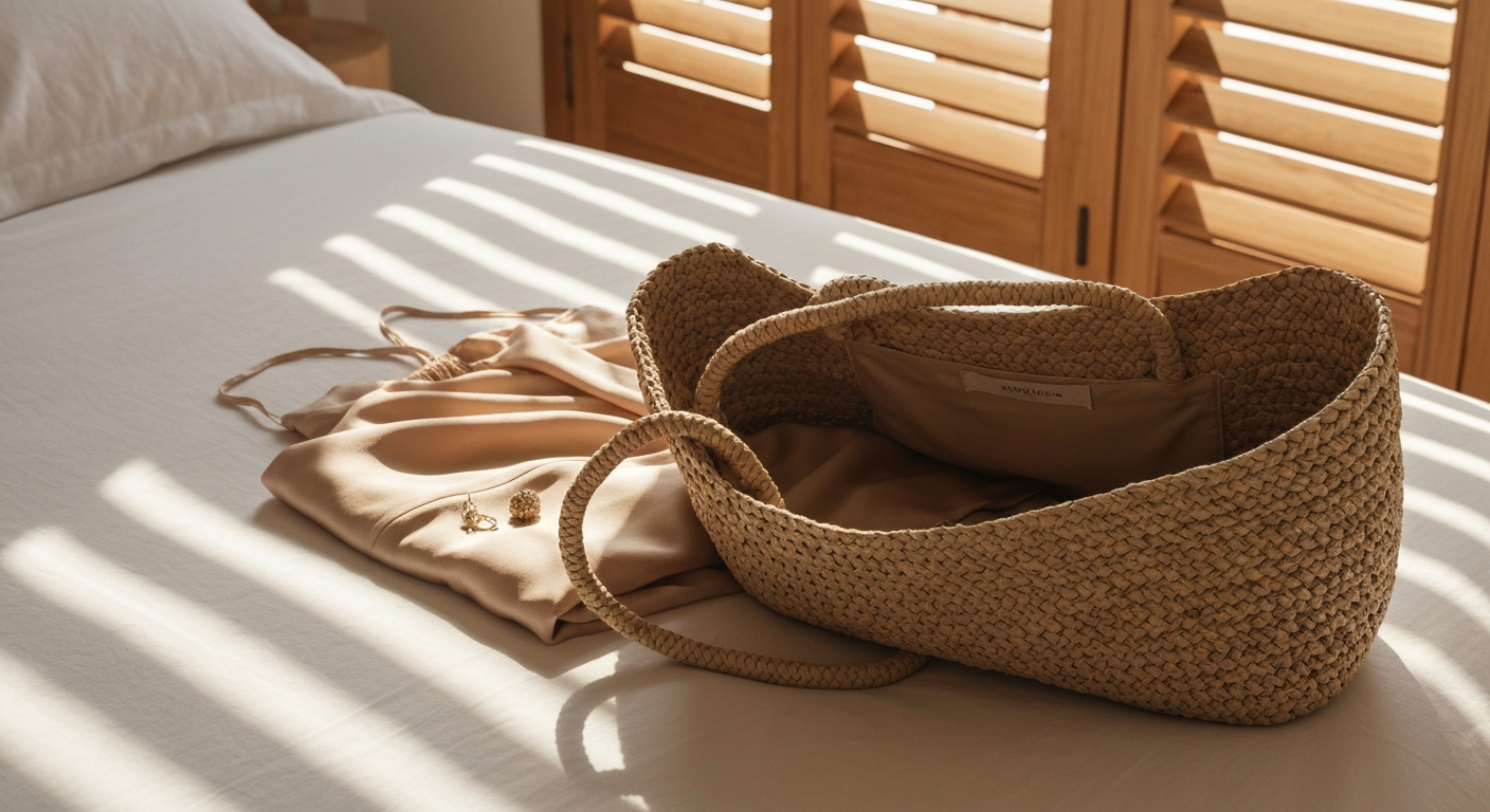 Open woven bag on white linen bed, folded silk dress and earrings visible, warm morning light through shutter