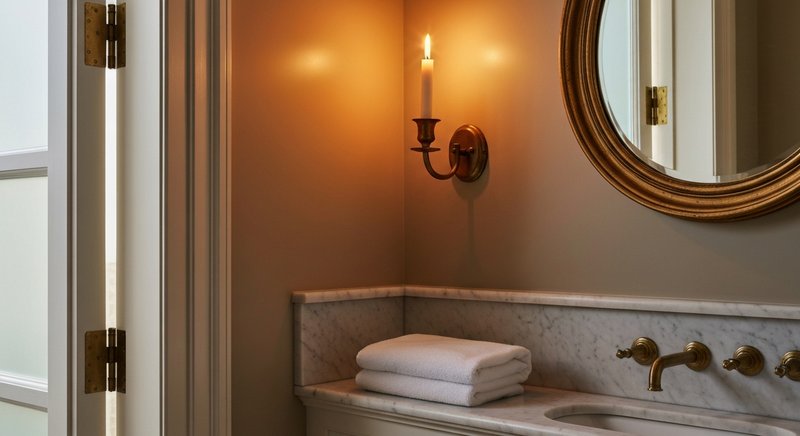 Powder room vanity with single candle and folded hand towel in warm candlelight, editorial interior photography