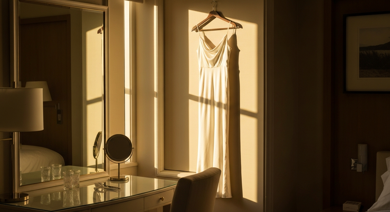 Morning light through sheer curtains onto a dressing table, a silk dress hanging by a tall window, soft warm tones